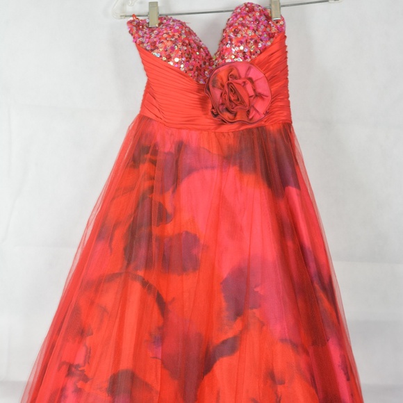Jovani Red Tulle/Printed Gown SZ 0 - Picture 5 of 11